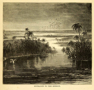 1872 Wood Engraving Hugli Hooghly Chuchura Chinsura West Bengal India River XGK6