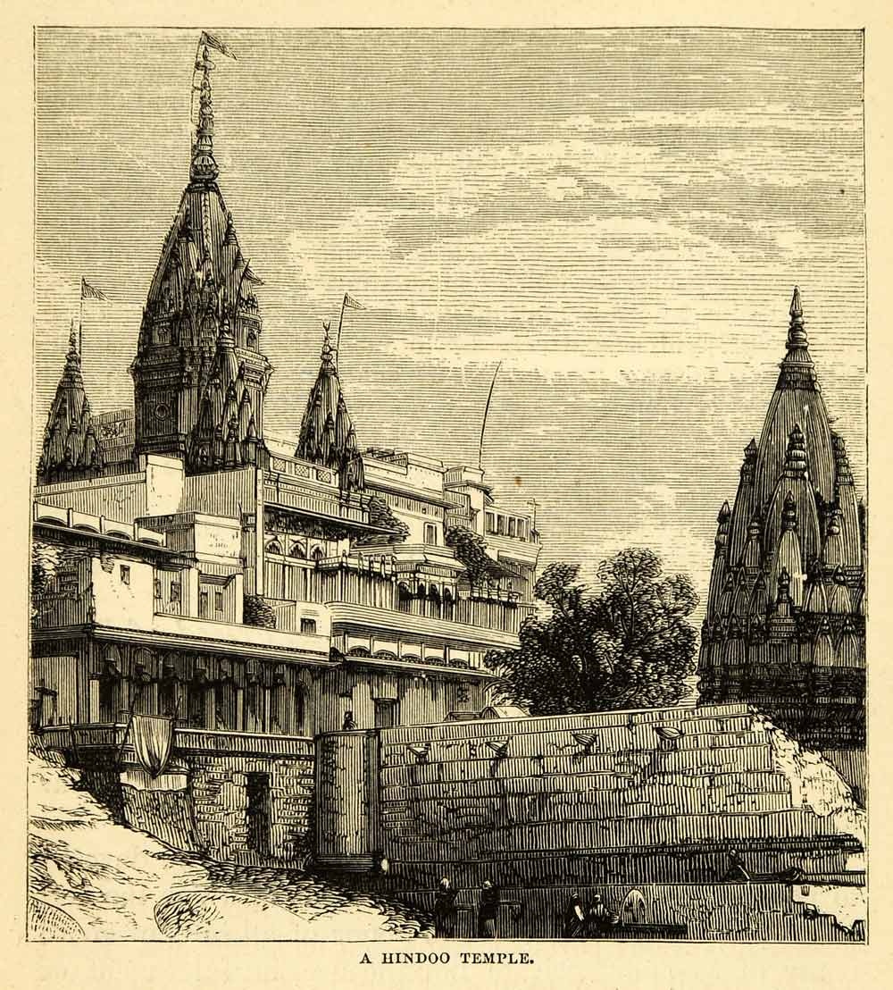 1872 Wood Engraving India Mandir Hindu Temple Spires Vedic Faith Murtis XGK6
