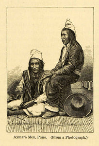 1875 Lithograph Aymara Men Puno Indigenous Amazon Andes Hat Tribe Portrait XGK8