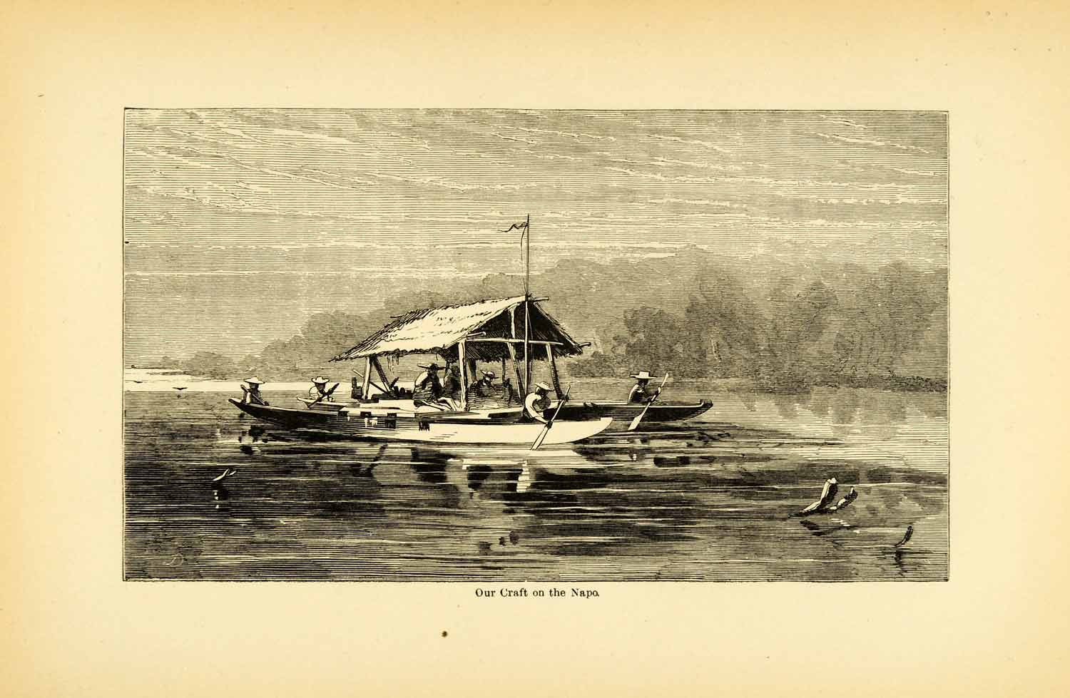 1875 Lithograph Napo Boat Amazon River Ecuador Stream Tributary Volcanoes XGK8