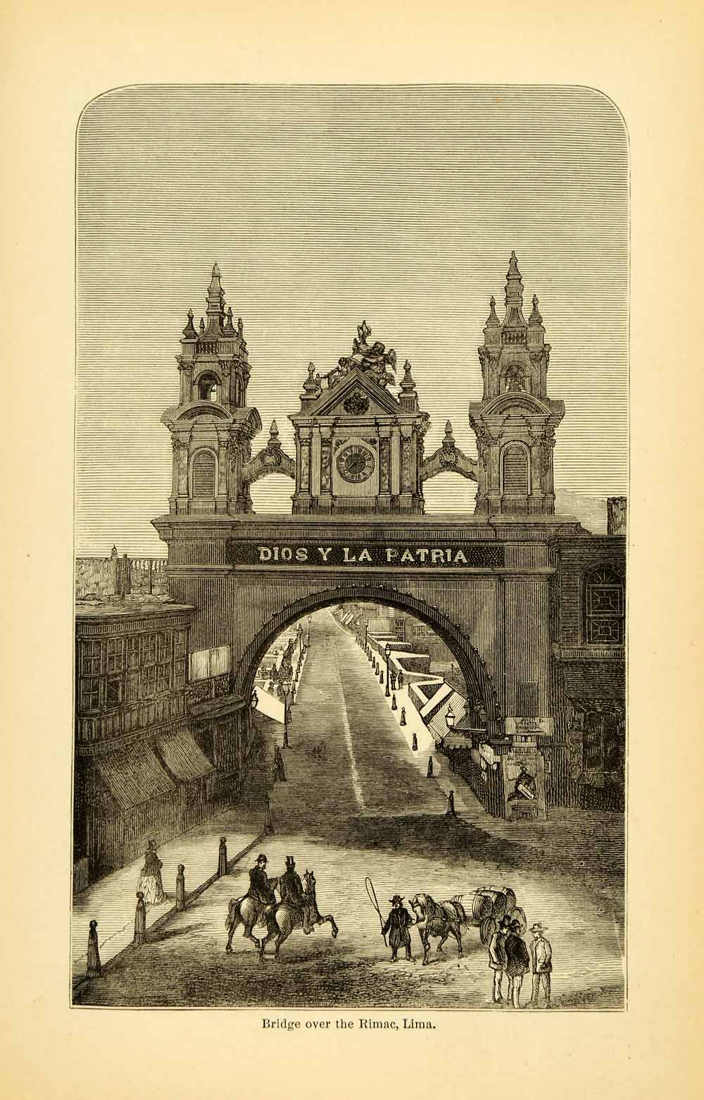1875 Lithograph Bridge Rimac Lima Peru Architecture Horse Street Amazon XGK8