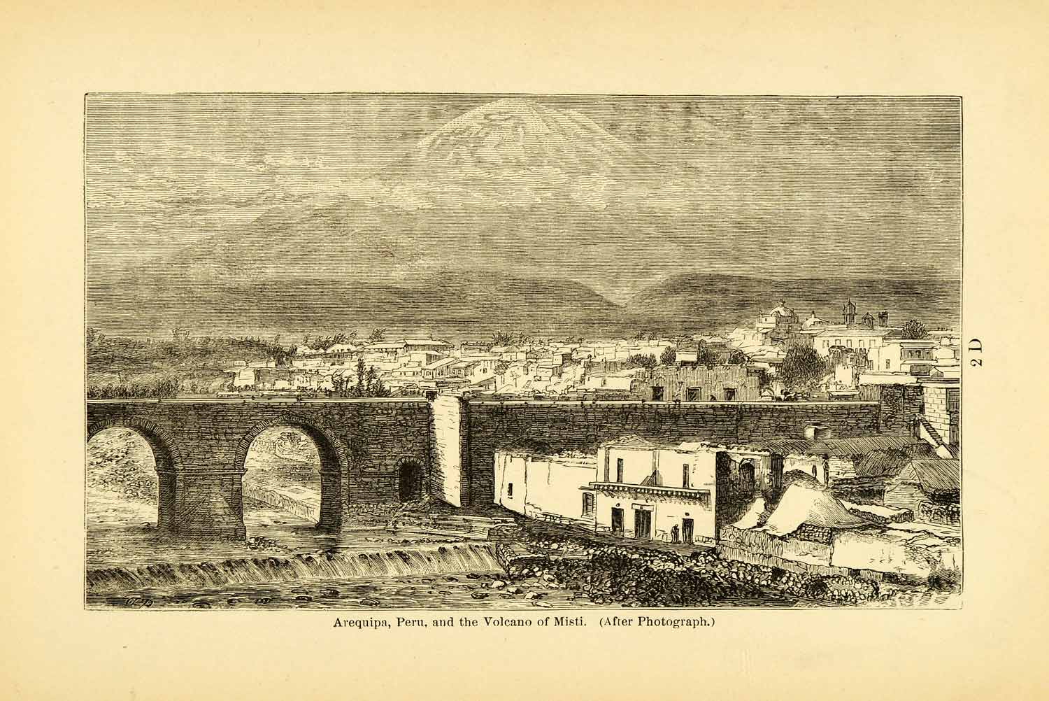 1875 Lithograph Arequipa Peru Volcano Misti Cityscape Town Mountain River XGK8