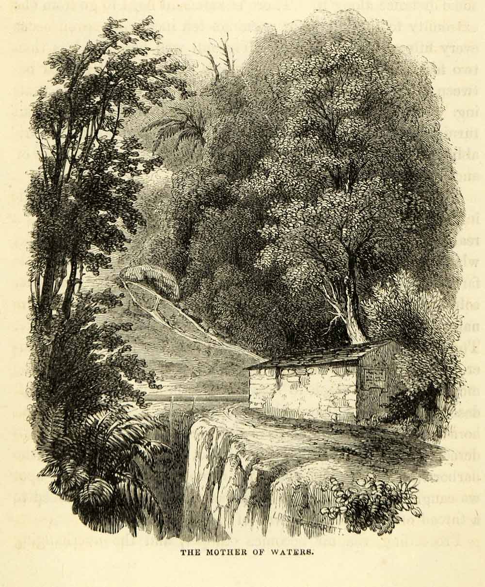 1856 Wood Engraving Mother Of Waters Mai De Agua Brazil Brook River Falls XGK9