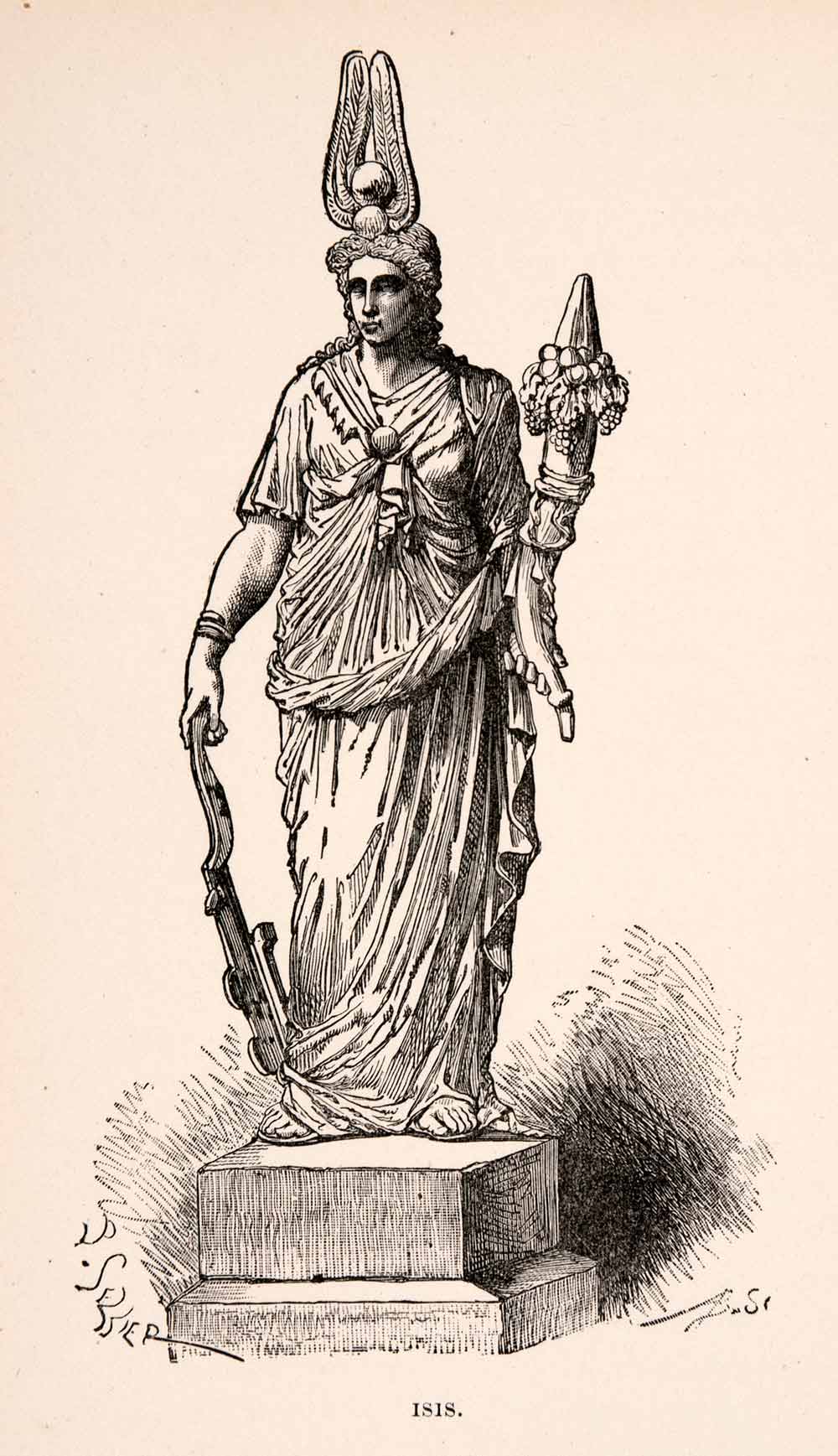 1896 Wood Engraving Isis Roman Goddess Children Matron Nature Magic XGKA1
