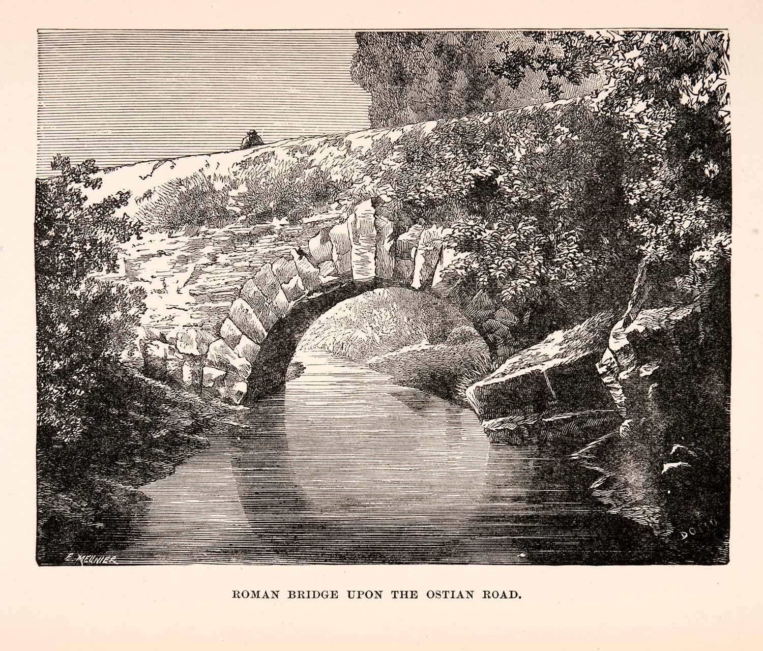 1896 Wood Engraving Roman Bridge Ostian Road Historic Landmark Stone River XGKA1
