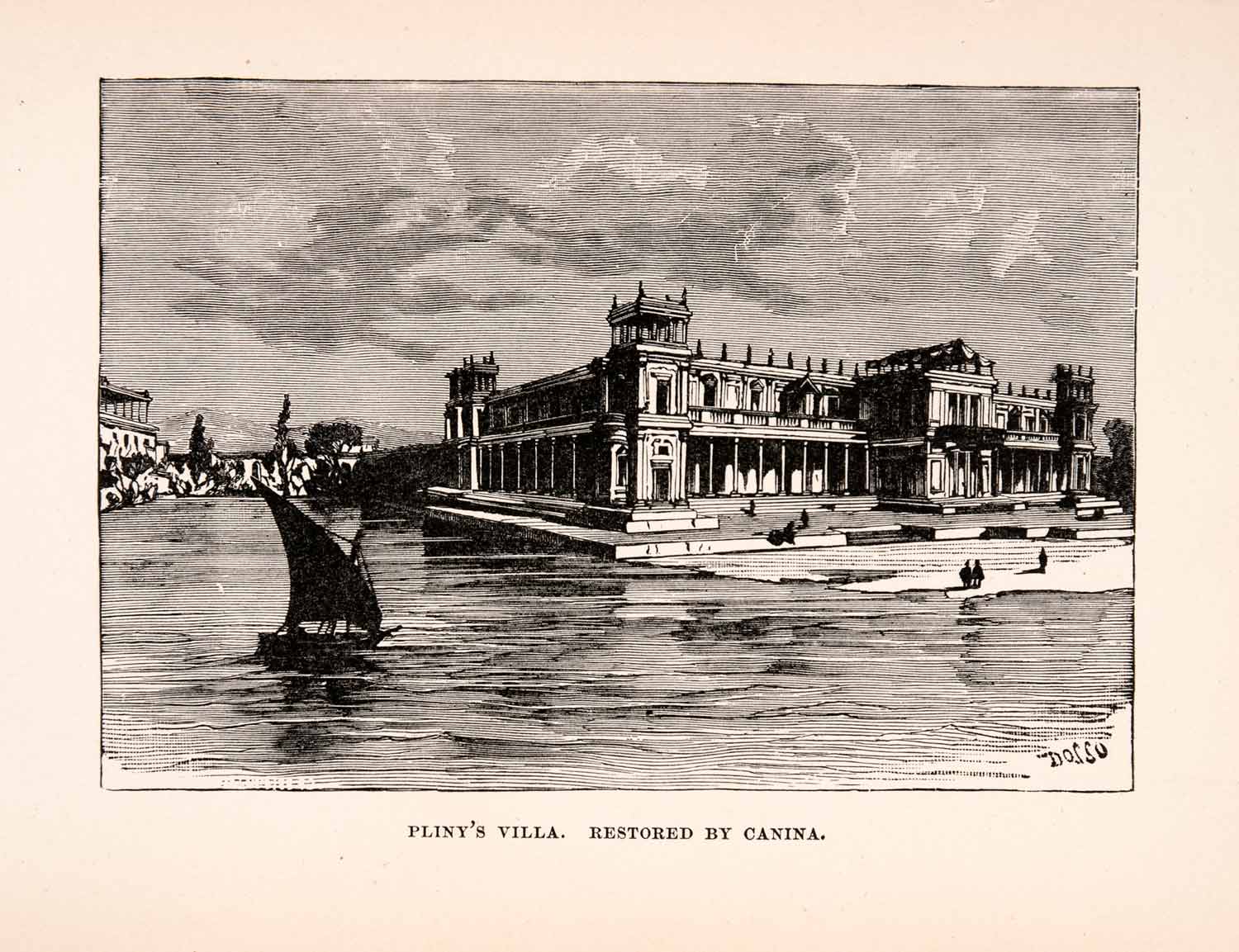 1896 Wood Engraving Pliny's Villa Restored Canina Historic Landmark XGKA1