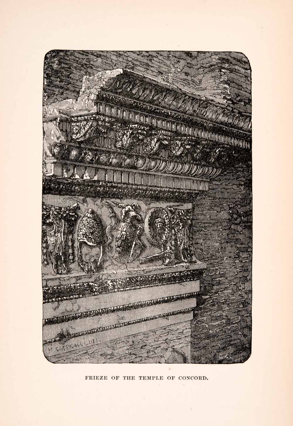 1896 Wood Engraving Frieze Temple Concord Rome Italy Sculpture Historic XGKA1