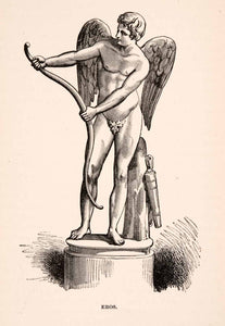 1896 Wood Engraving Eros Rome Italy Mythical Statue Sculpture Nude Bow XGKA1