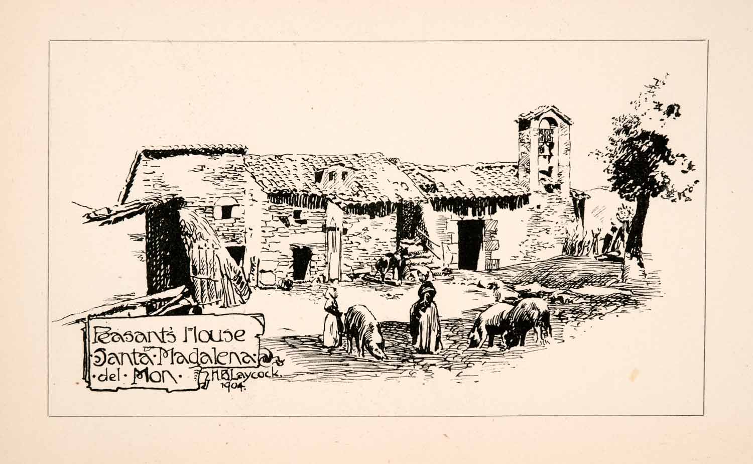 1905 Lithograph Art Santa Madalena del Mon Spain Peasant House H. B XGKA4