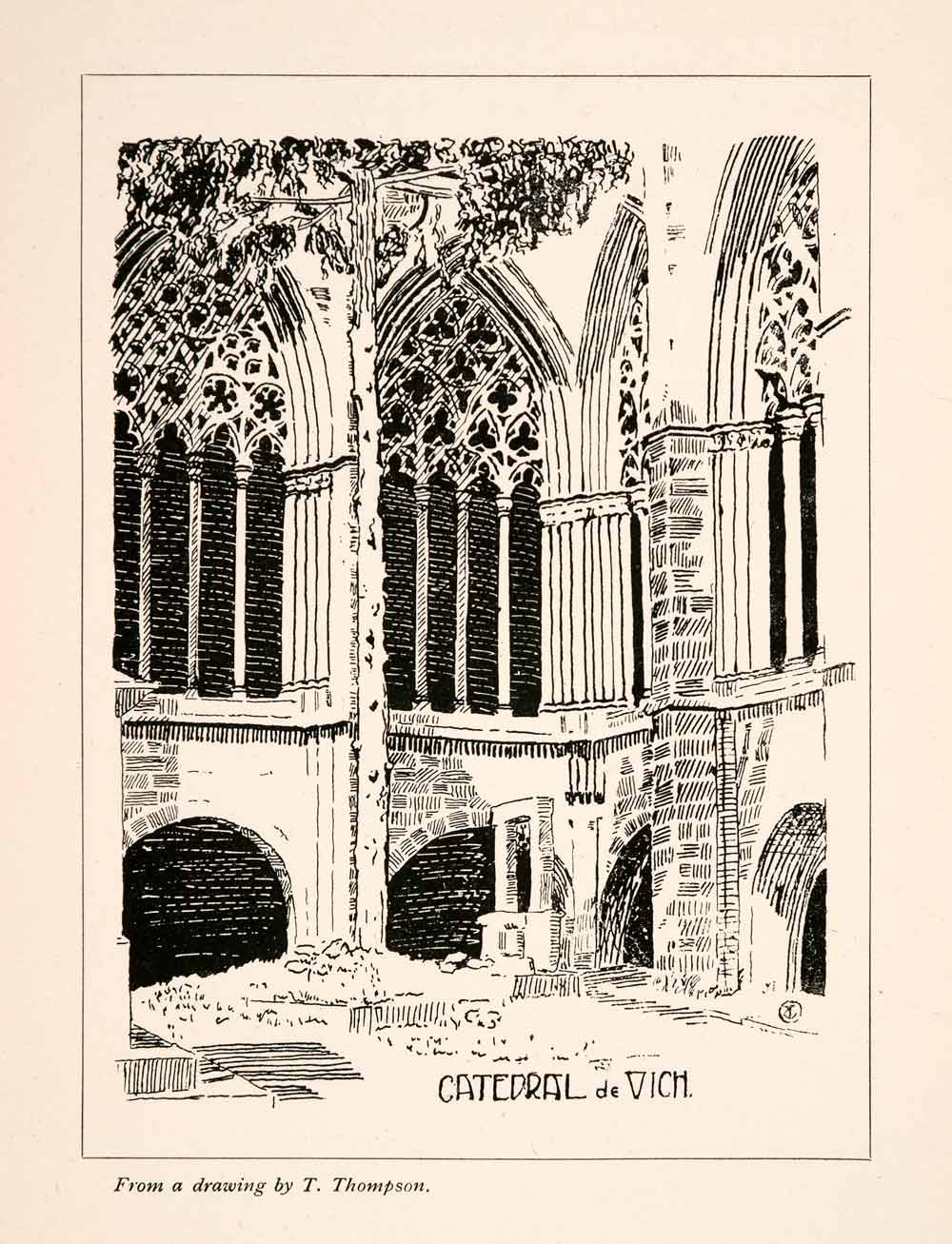 1905 Lithograph Vich Spain Cathedral Thompson Art Religious European XGKA4
