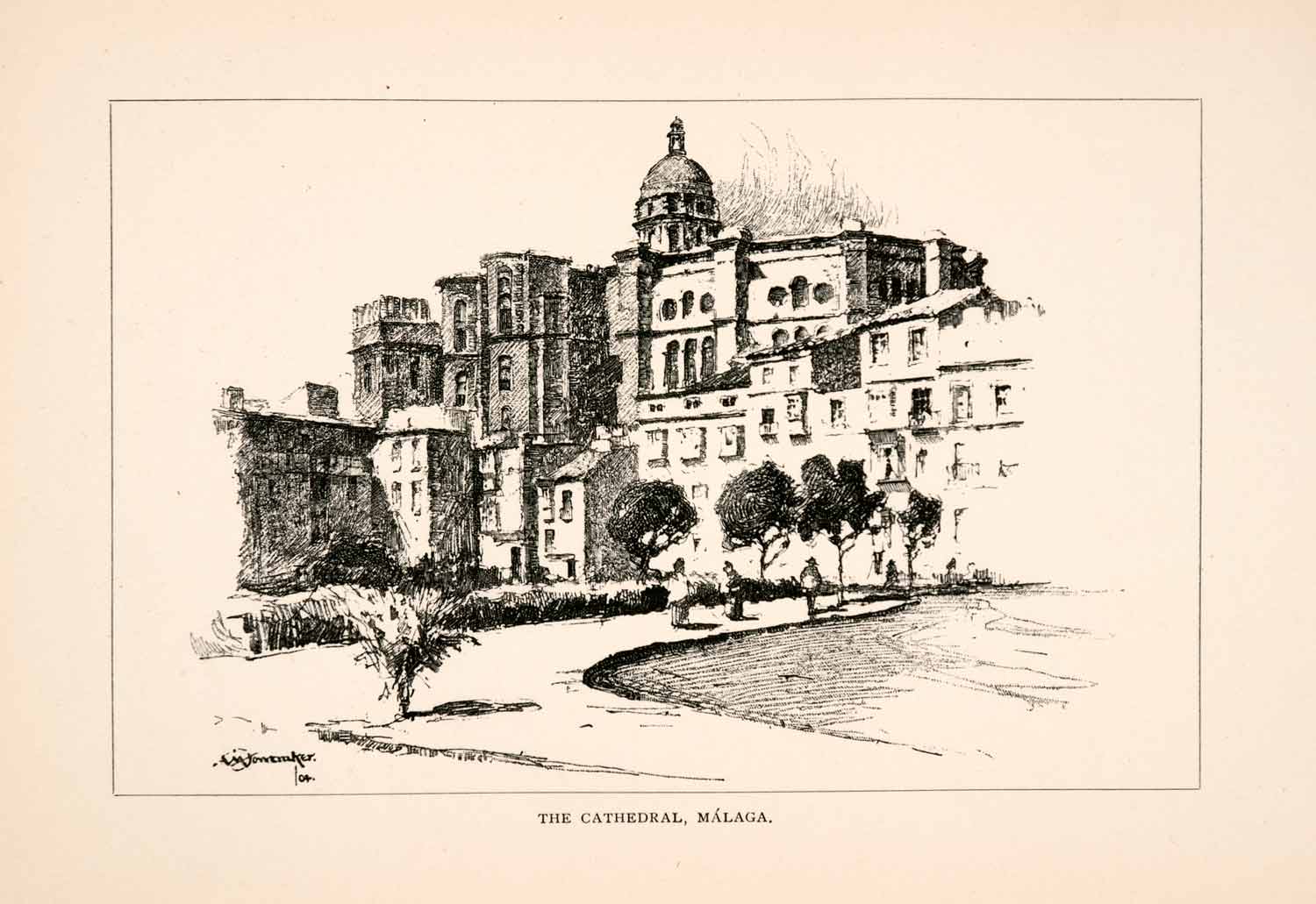 1905 Lithograph Malaga Spain Cathedral Art Historic European Renaissance XGKA4