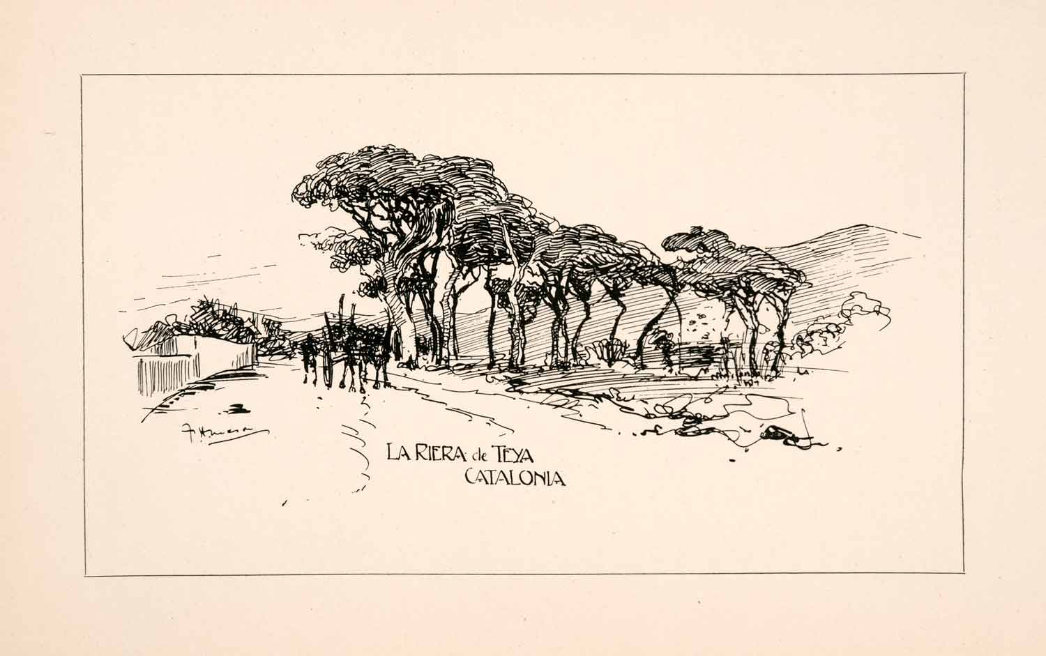 1905 Lithograph La Riera de Teya Catalonia Spain Landscape Sketch Drawing XGKA4