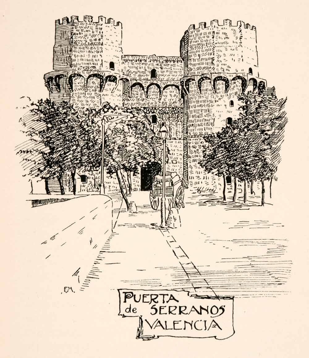 1905 Lithograph Valenica Spain Torres Puerta Serranos City Wall Tower XGKA4