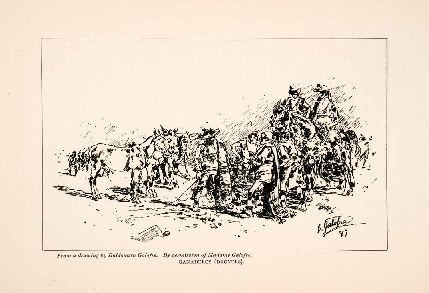 1905 Lithograph Ganaderos Spain Livestock Drivers Herdsmen Baldomero XGKA4