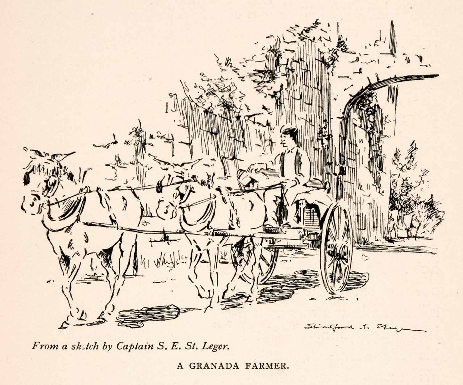 1905 Lithograph Granada Spain Farmer Horse Drawn Cart Transportation Leger XGKA4