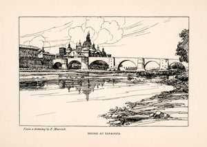 1905 Lithograph Zaragoza Spain Bridge Cityscape Frederick Merriott Sketch XGKA4