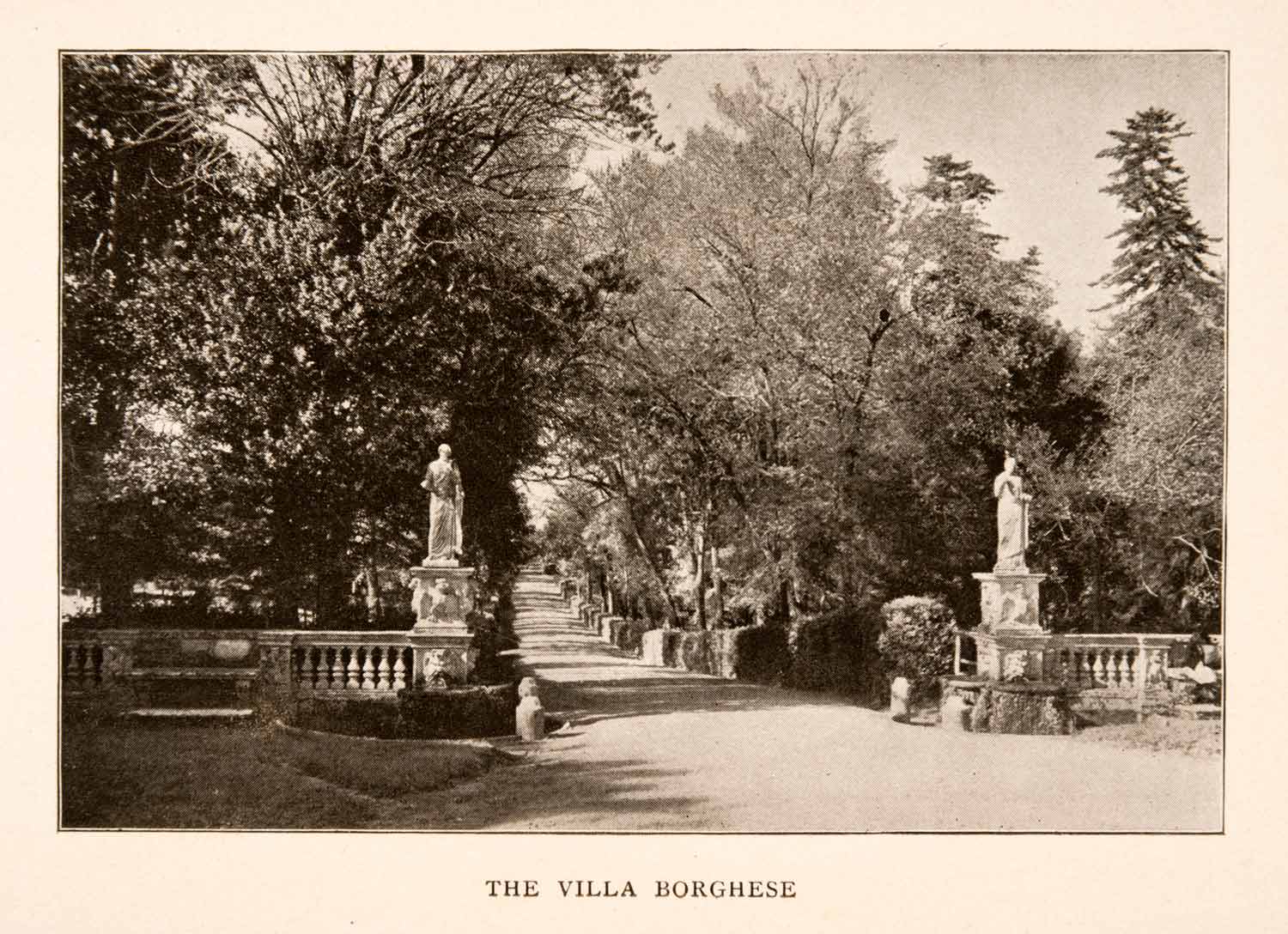 1905 Halftone Print Villa Borghese Garden Rome Italy Statue Pincian Hill XGKA6