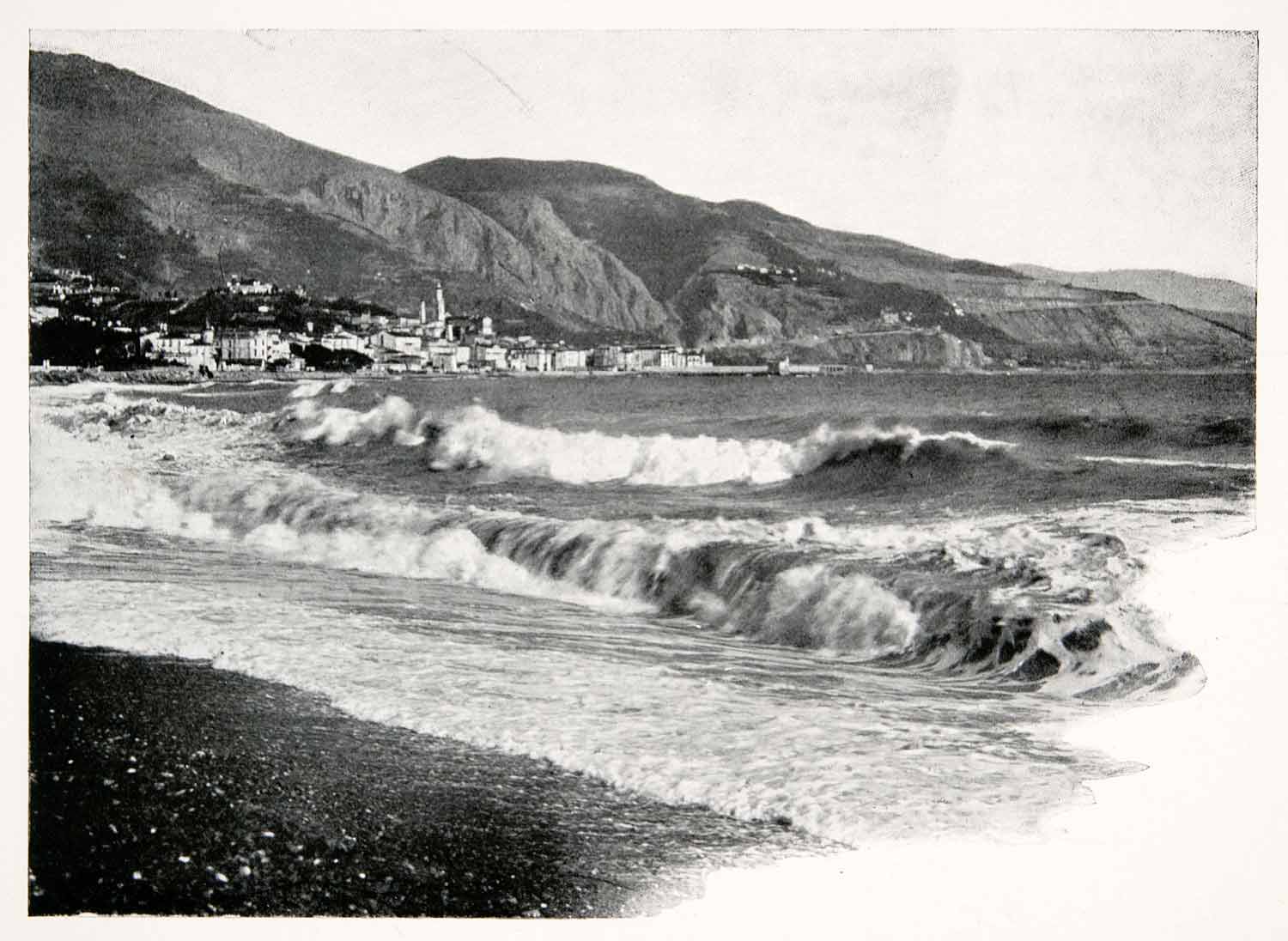 1902 Print Waves Shore Beach Pearl France Menton French Riviera XGKB3
