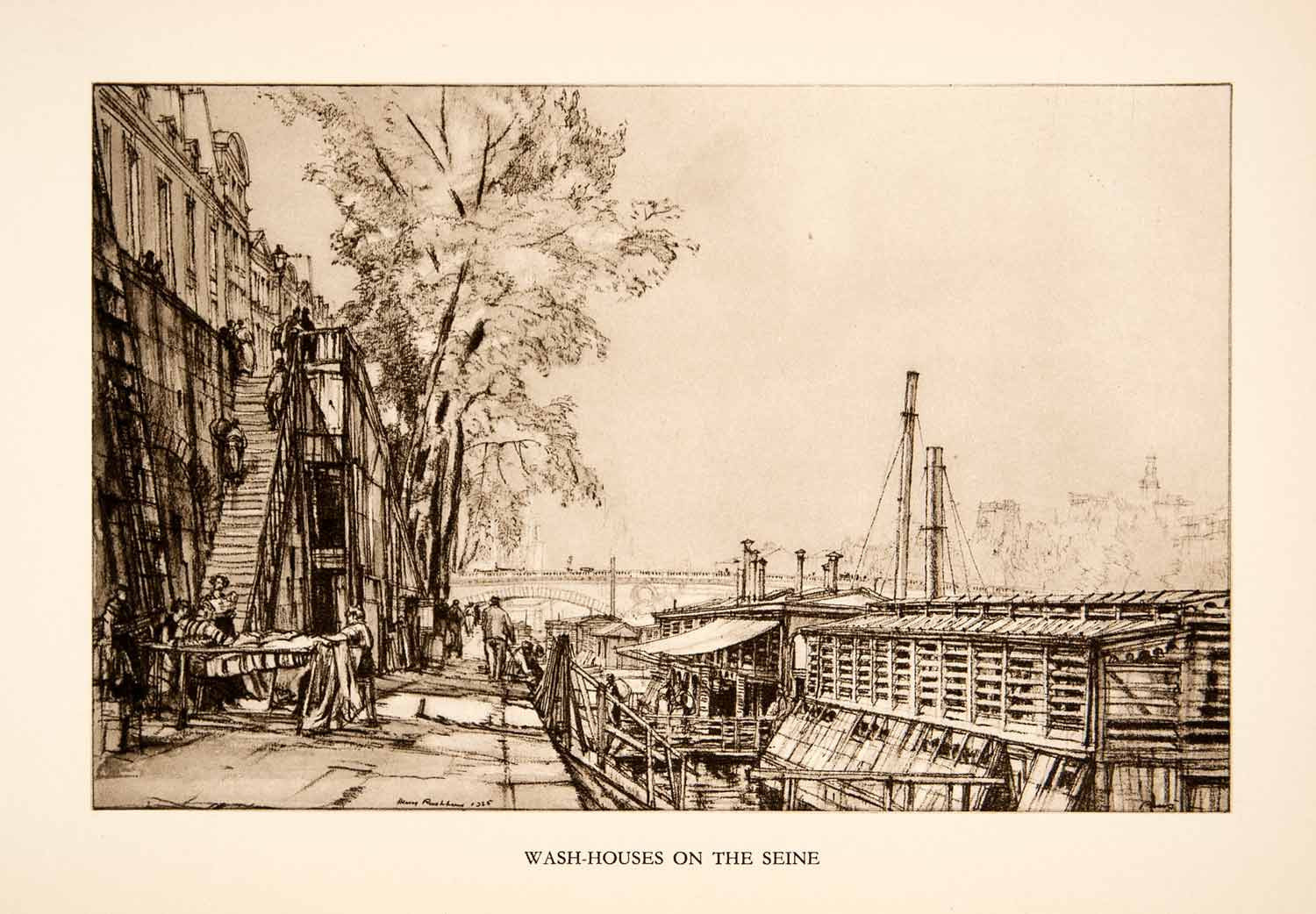 1926 Photolithograph Henry Rushbury Art Wash Houses Seine River Paris XGKB4 - Period Paper
