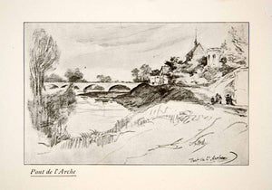 1925 Print Pont de L'Arche Normandy France Bridge Cityscape Blanche XGKB6