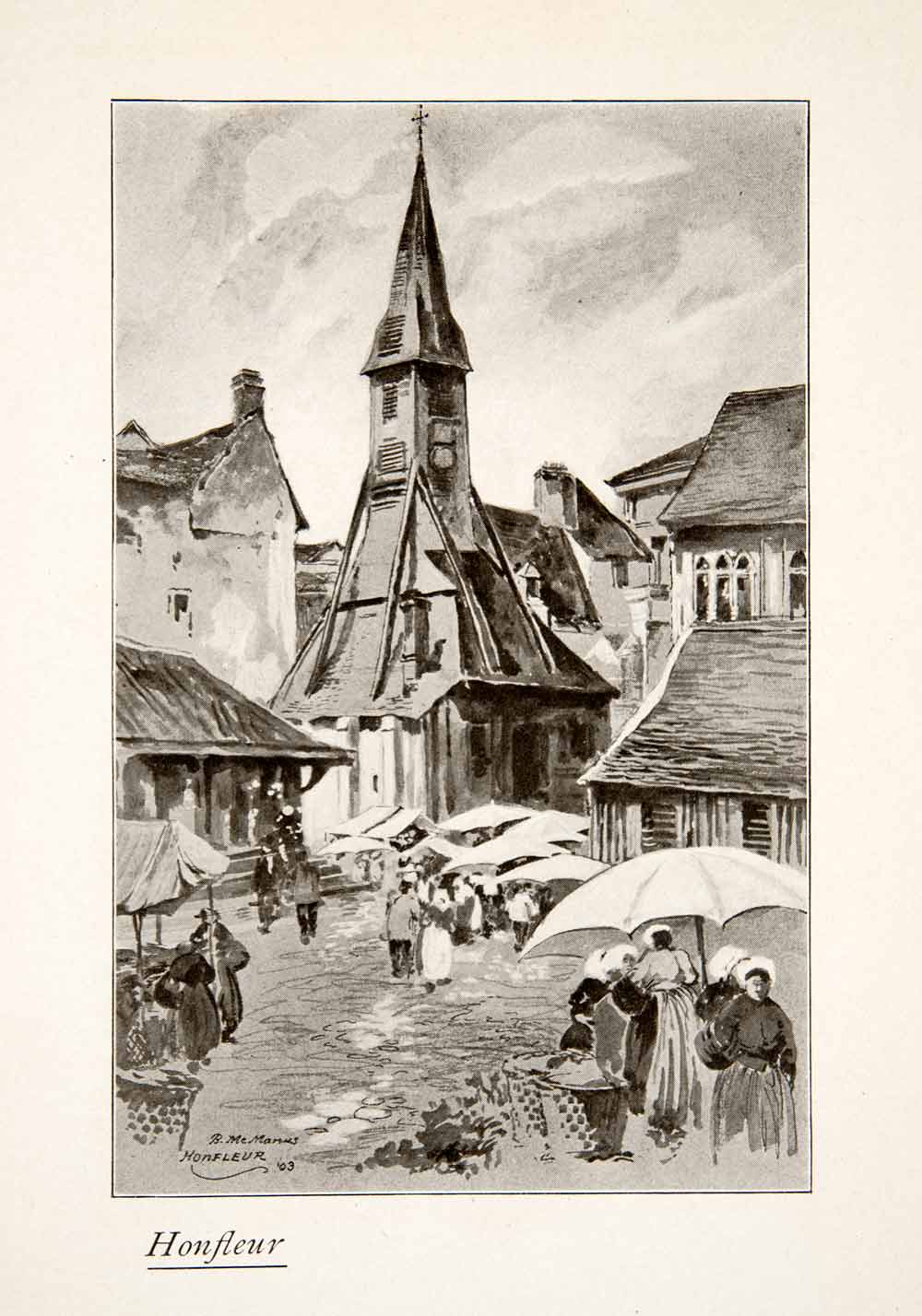 1925 Print Honfleur Normandy France Church Cityscape Blanche McManus XGKB6