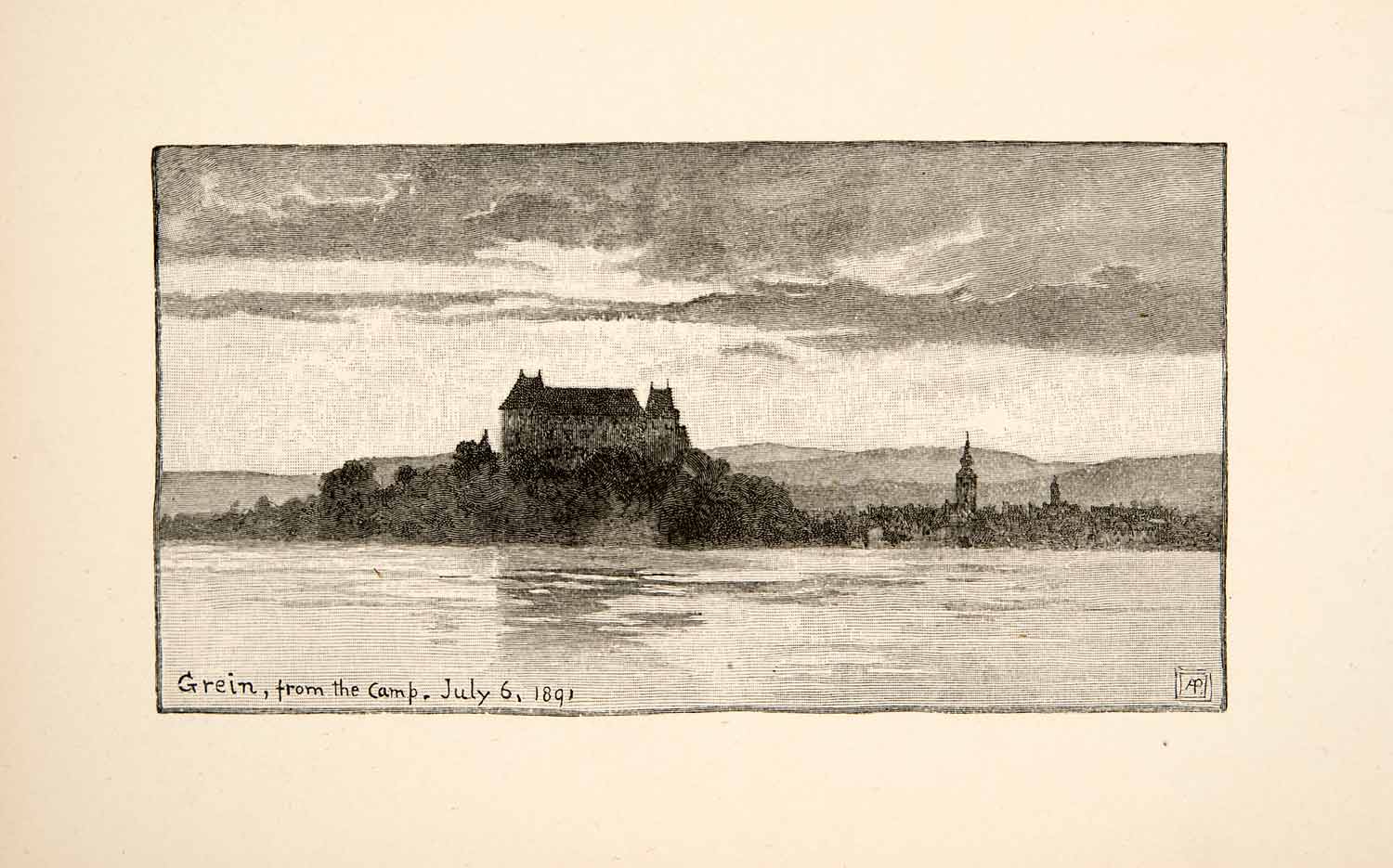 1893 Wood Engraving Grein Austria Perg Landscape Europe Danube River XGKB7