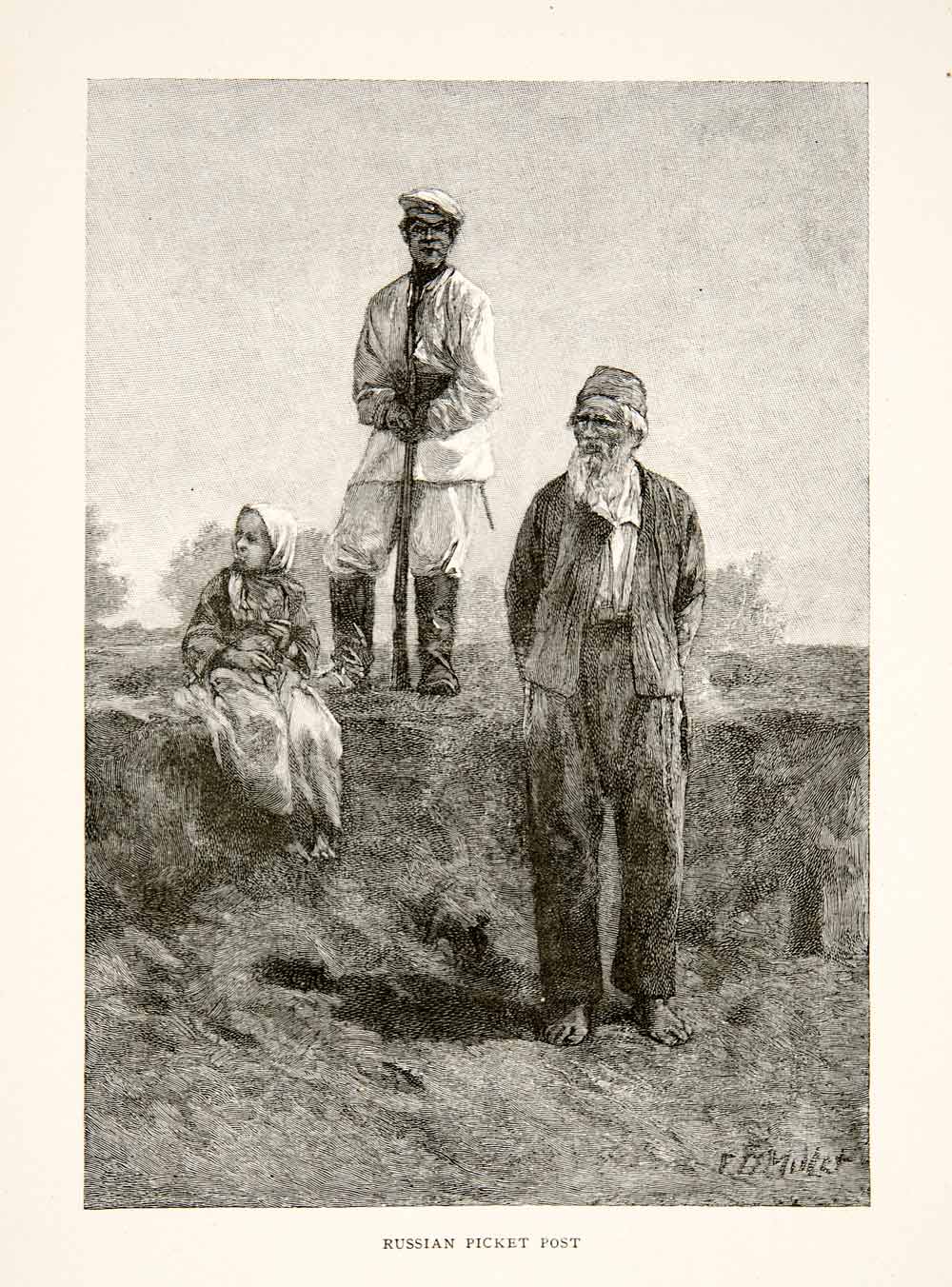 1893 Wood Engraving Russian Picket Post Soldier Peasant Child Girl Europe XGKB7