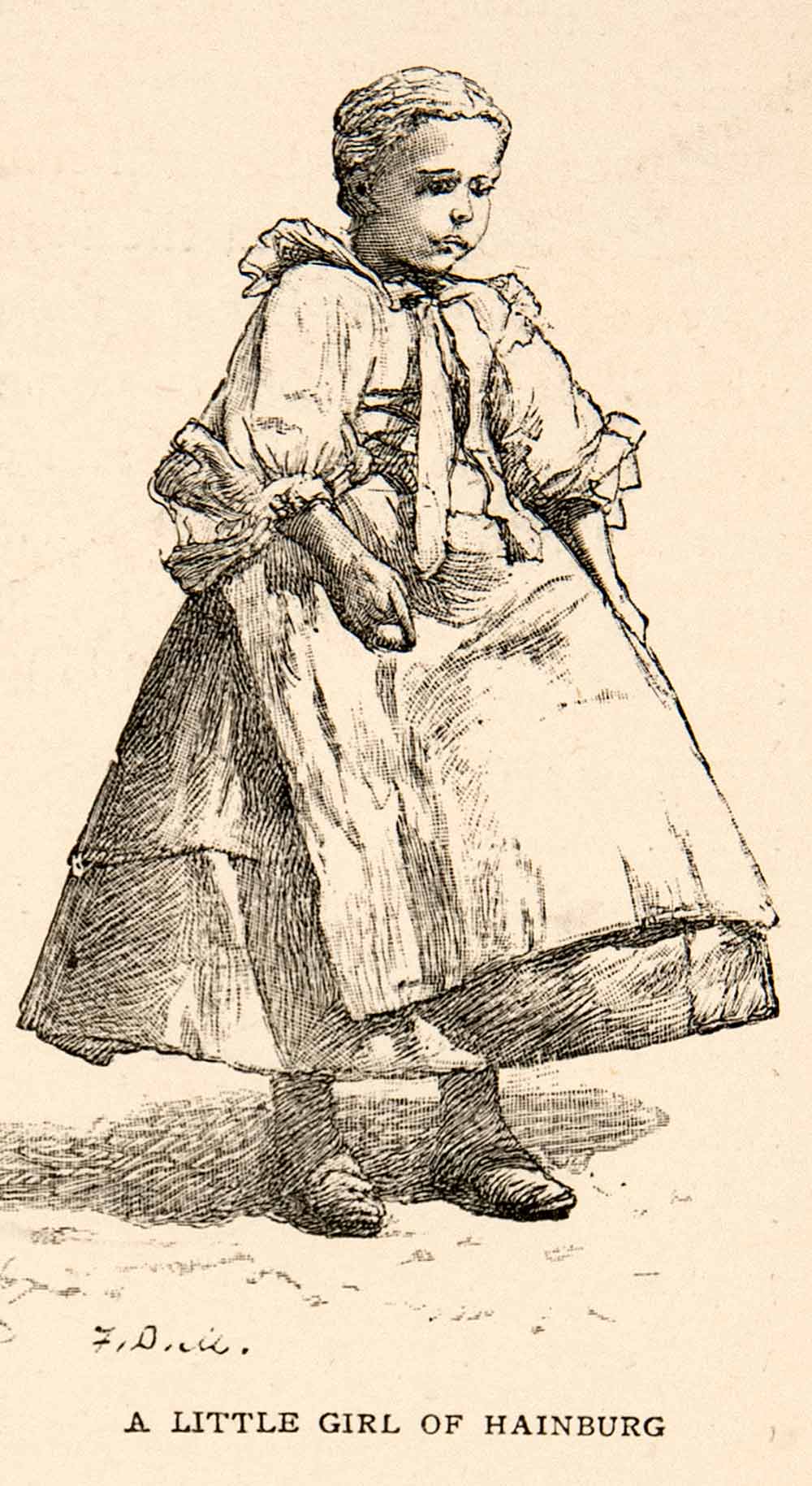 1893 Wood Engraving Little Girl Costume Europe Hainburg Austria Children XGKB7
