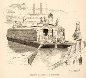 1893 Wood Engraving Market Boat Dock Peasant Woman Budapest Hungary Europe XGKB7