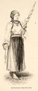 1893 Wood Engraving Romania Peasant Girl Europe Costume Kite Woman Balkan XGKB7