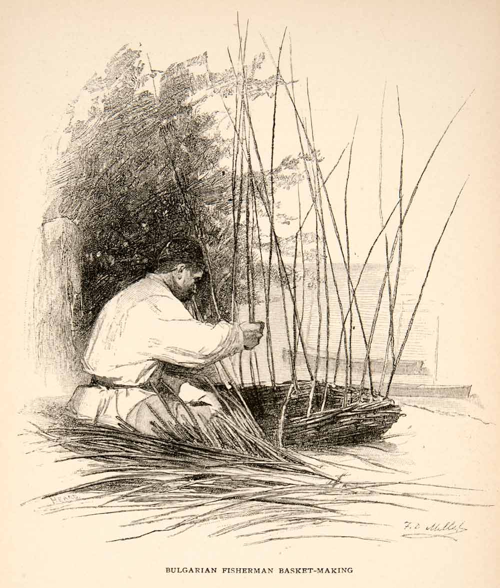 1893 Wood Engraving Bulgaria Europe Danube River Fisherman Basket Art XGKB7