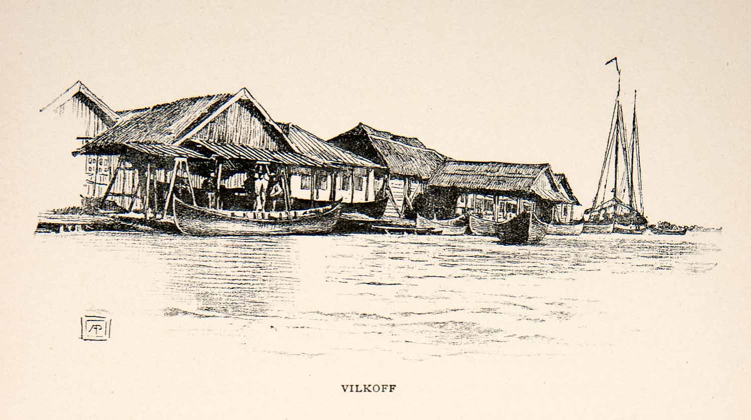 1893 Wood Engraving Vilkoff Town Port Ship Sail Danube River Europe XGKB7