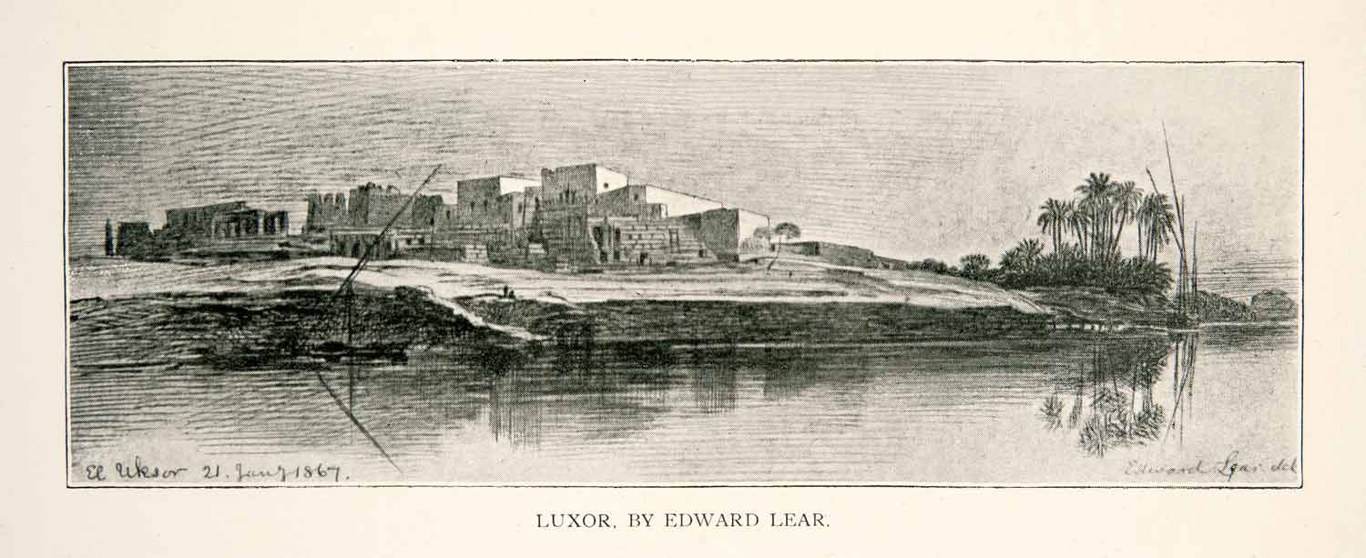 1903 Print Cityscape Luxor Egypt Edward Lear Water River Nile Thebes XGKC2