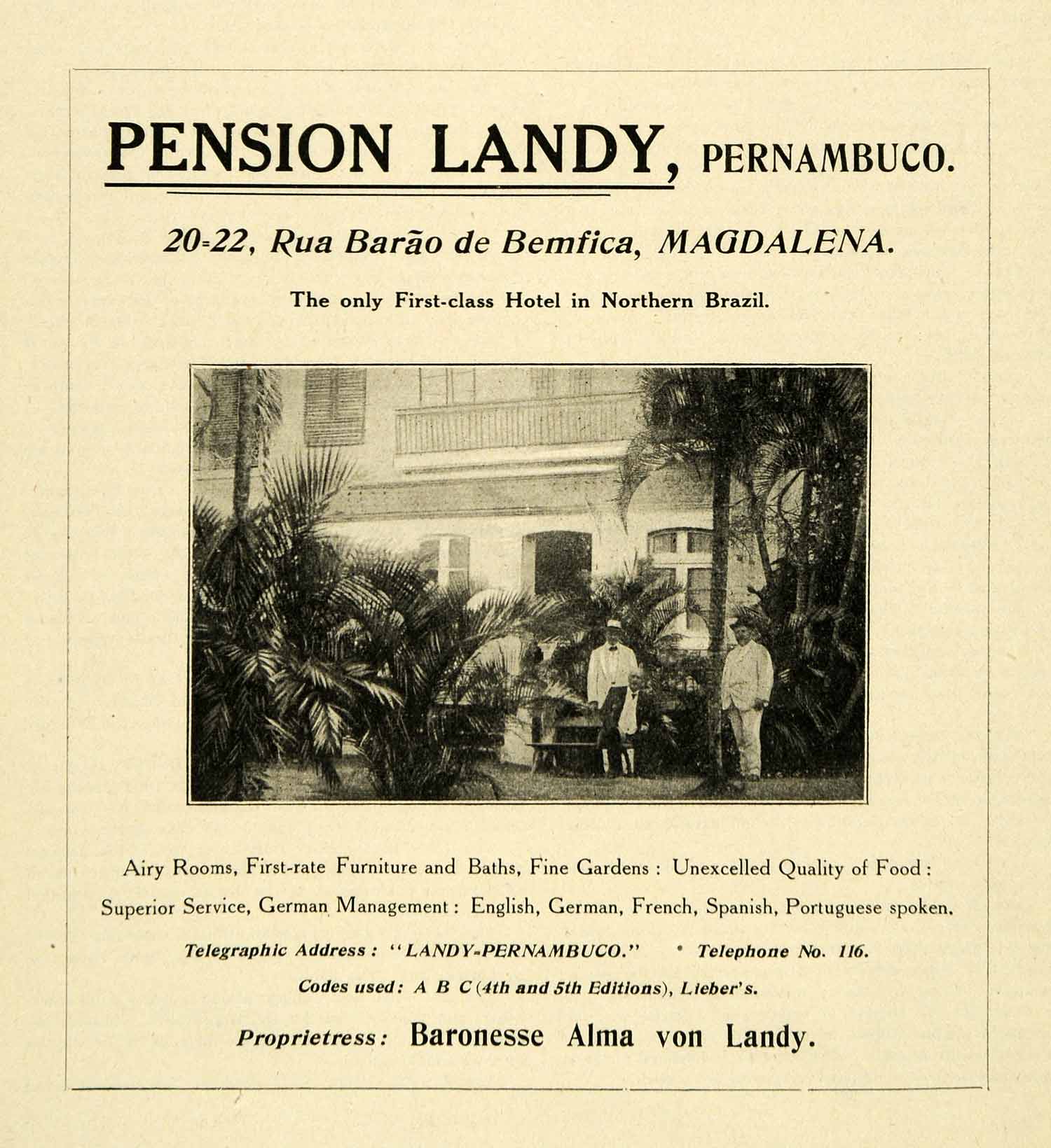 1909 Ad Hotel Pension Lady Pernambuco Brazil Baroness Alma von Landy Resort XGL2
