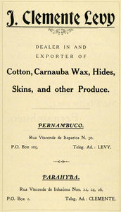 1909 Ad J. Clemente Levy Exporter Cotton Carnauba Palm Wax Brazil XGL2