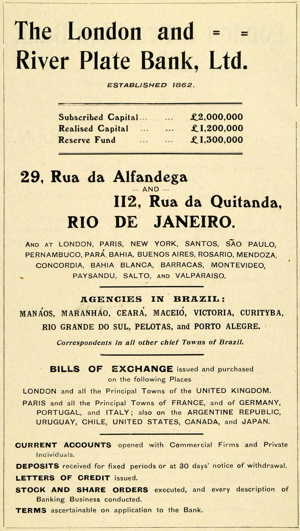 1909 Ad London River Plate Bank Financial Banking Rua da Quitanda Rio de XGL2