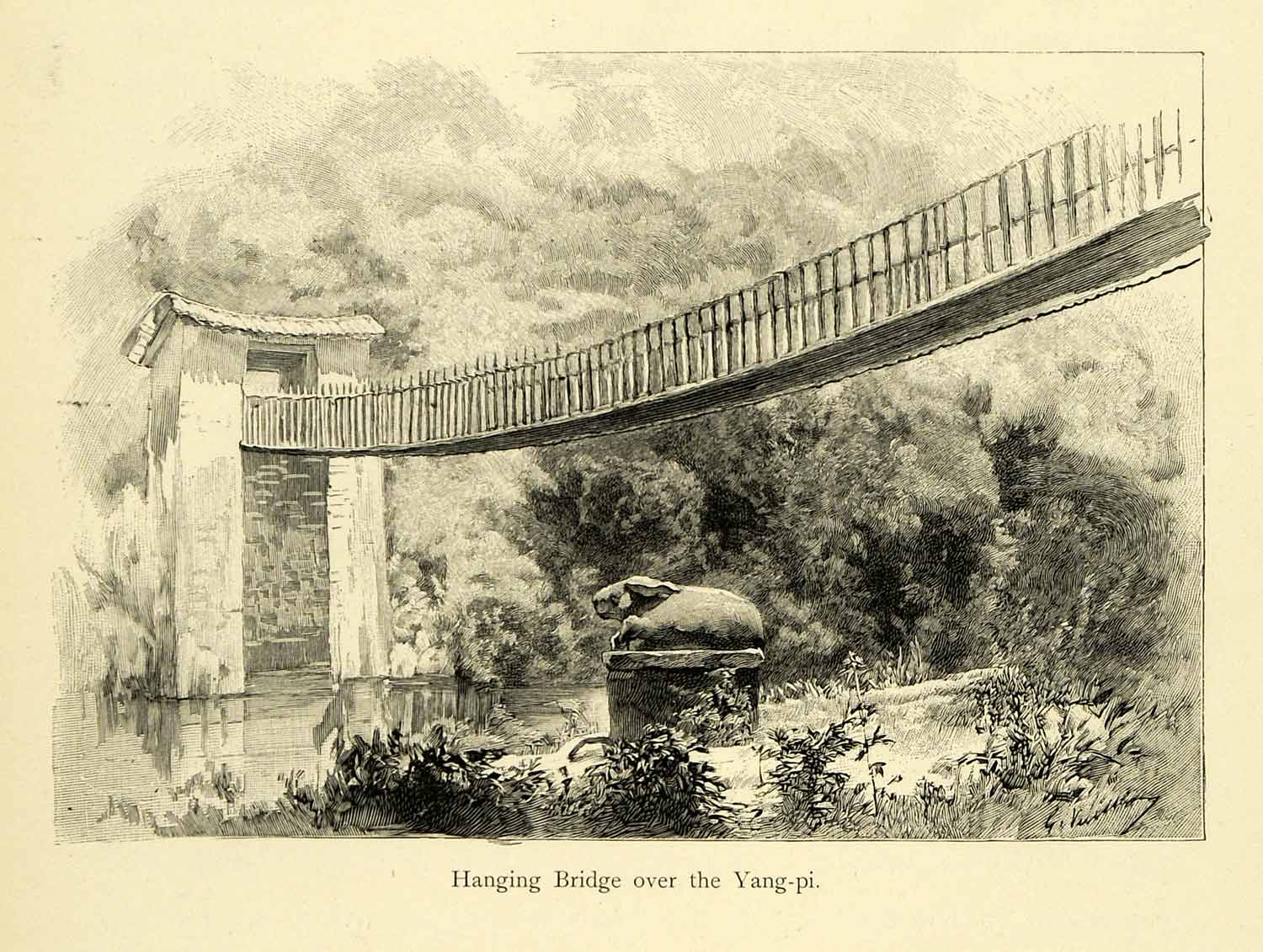 1898 Wood Engraving Hanging Bridge Yang-Pi China River Picturesque G XGL4
