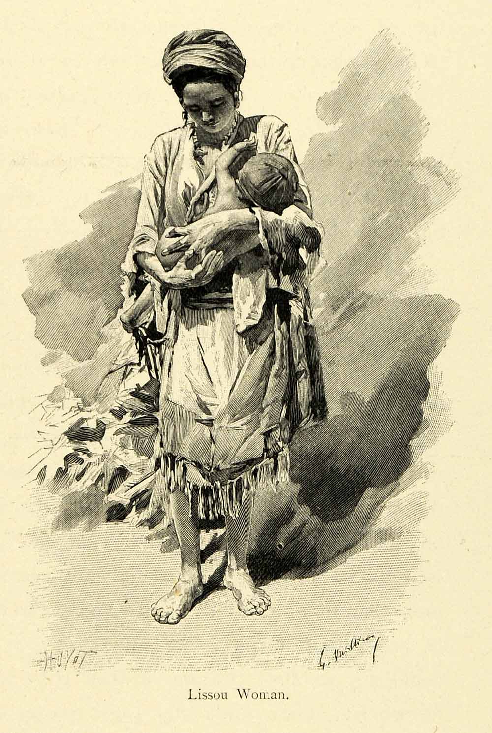 1898 Wood Engraving G Vuillier Mother Lissou Lisu Tribe Ethnic Baby Asia XGL4