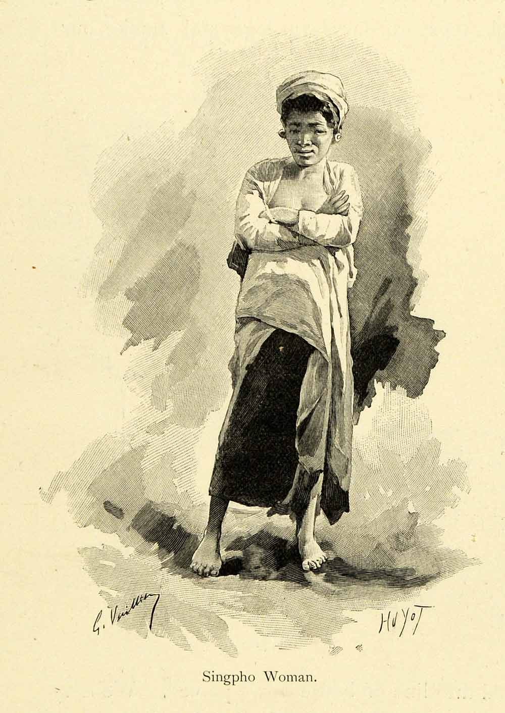 1898 Wood Engraving G Vuillier Singpho Costume Ethnic Burma Arunachal XGL4