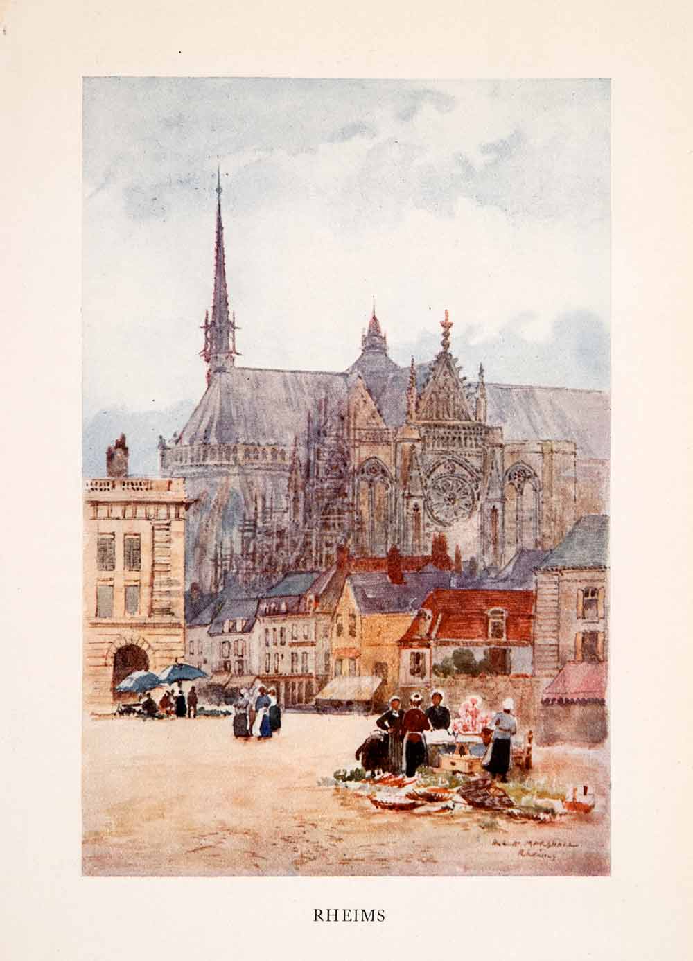 1907 Color Print Cathedral Rheims Herbert Marshall Gothic France UNESCO XGLA2