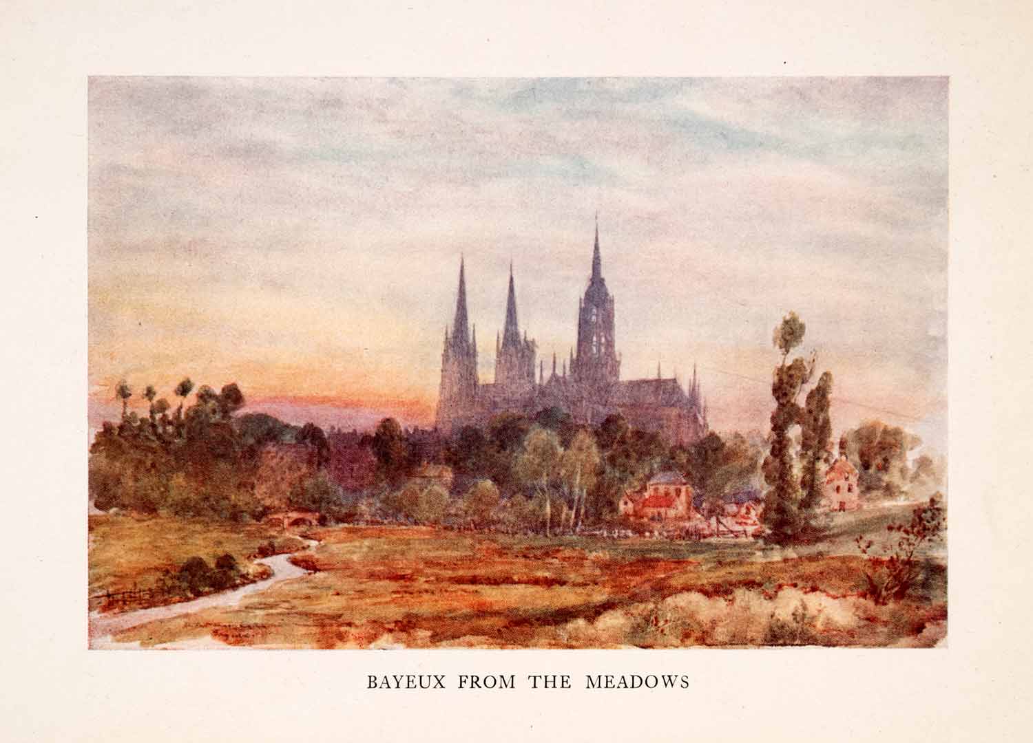 1907 Color Print Bayeux Cathedral Notre Dame Meadow Herbert Marshal Sunset XGLA2