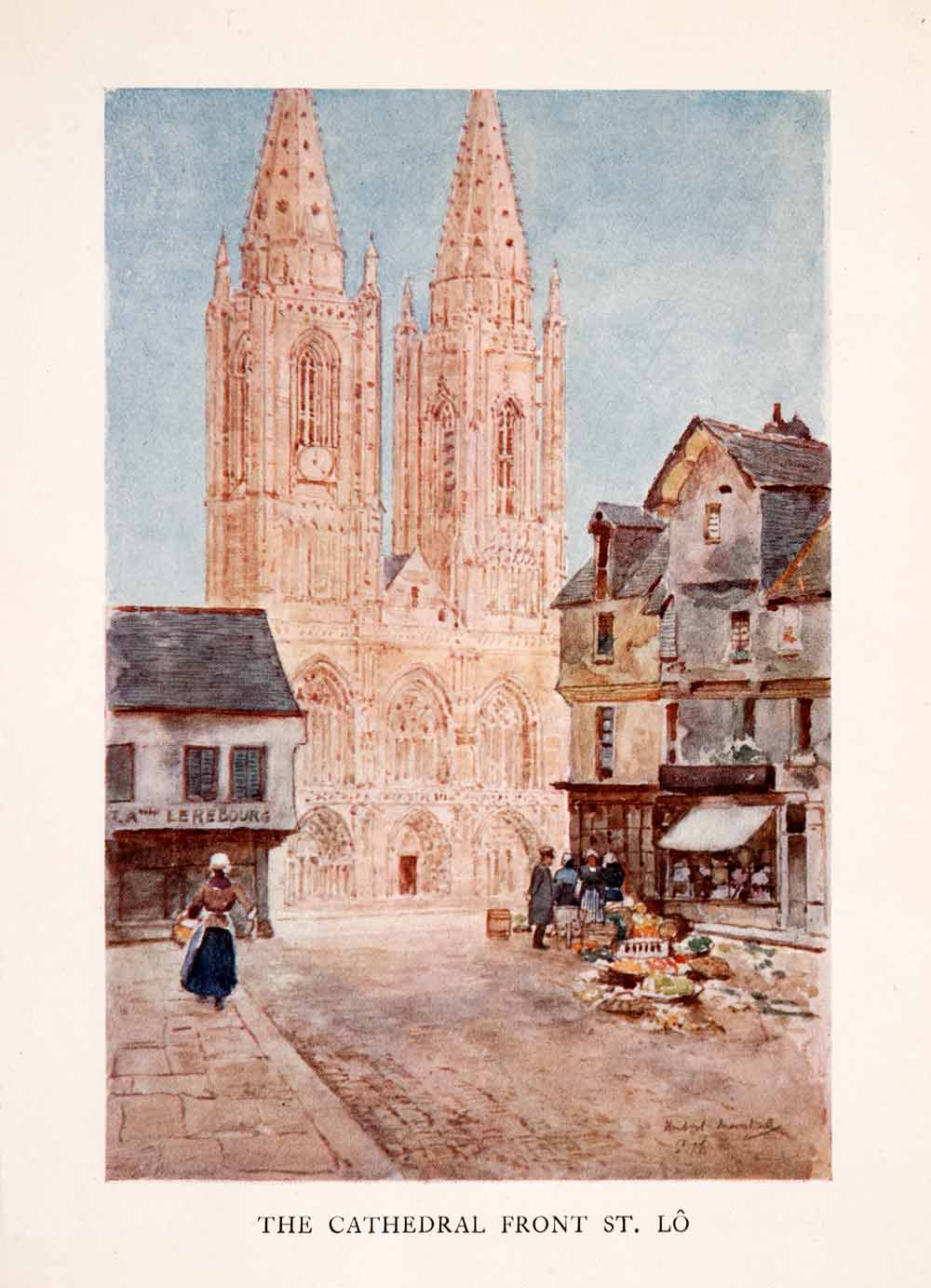 1907 Color Print Herbert Marshall Cathedral Saint-Lo Normandy Facade XGLA2