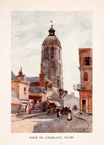 1907 Color Print Herbert Marshall Tours Horloge Clock Tower Street France XGLA2