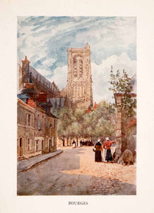 1907 Color Print Bourges Cathedral Herbert Marshall France Street Scene XGLA2