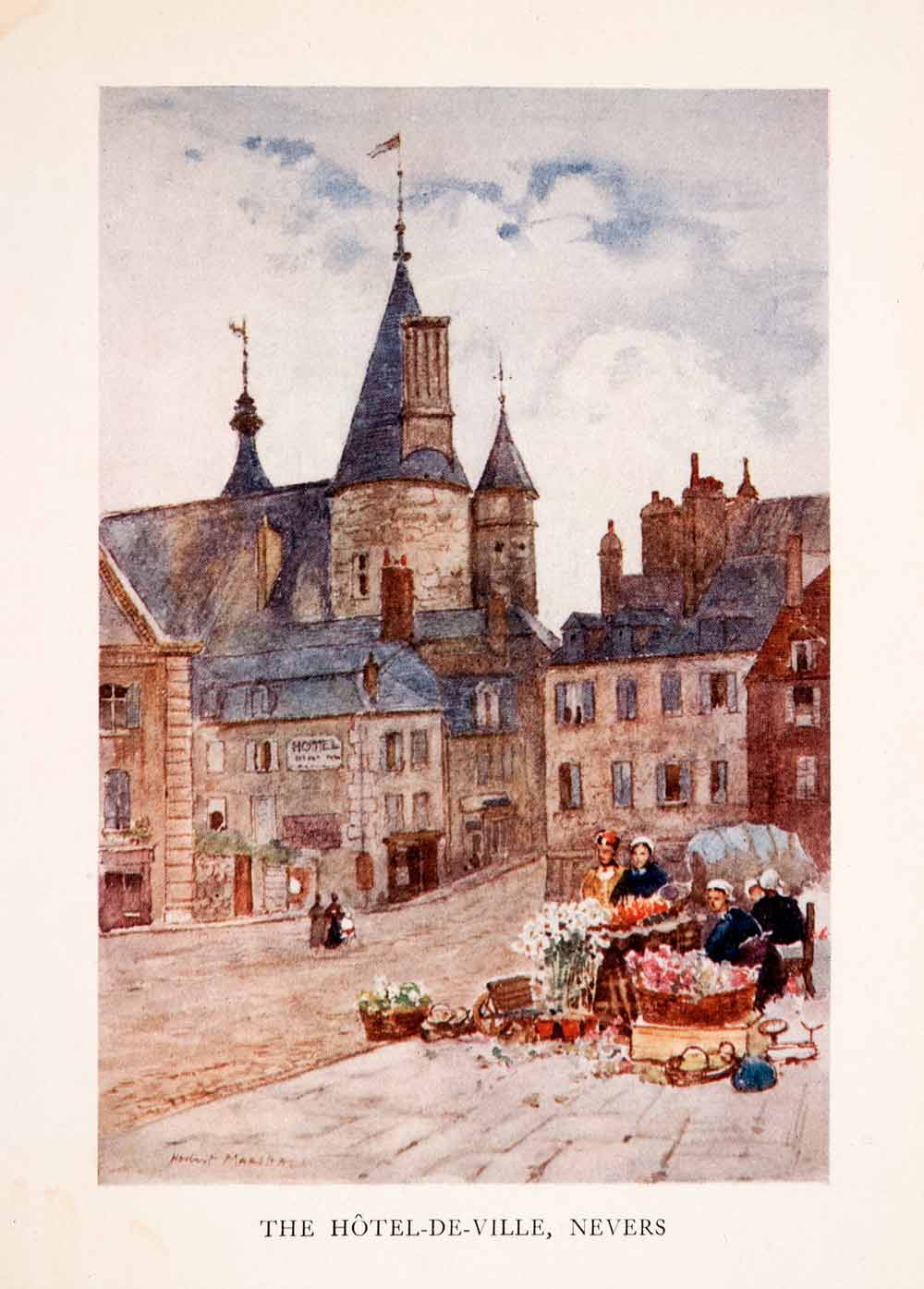 1907 Color Print Hotel-de-Ville Nevers Market Palace Chateau Herbert XGLA2
