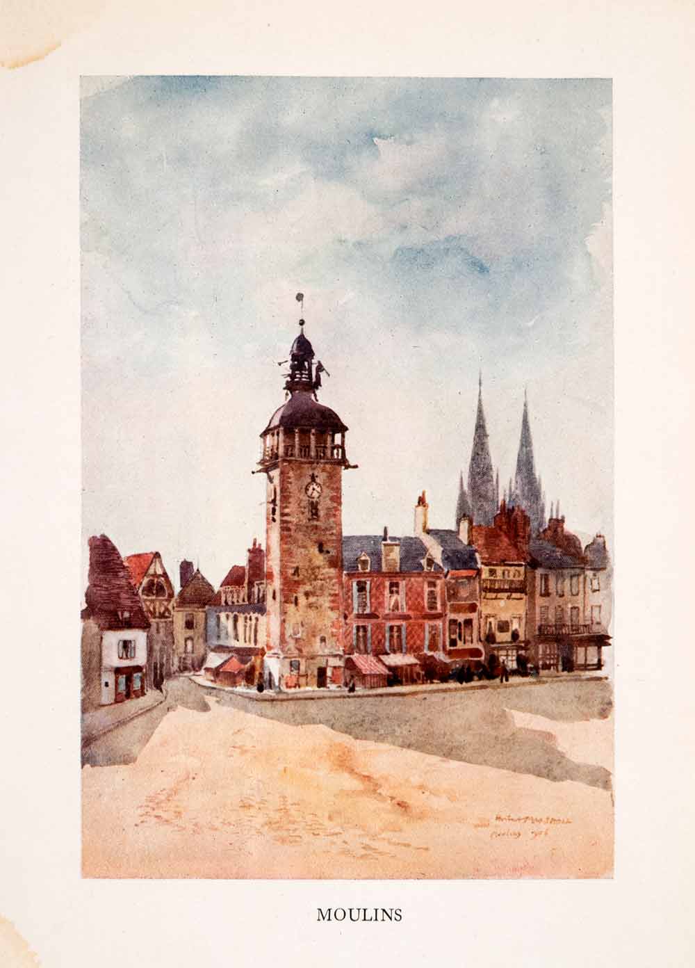 1907 Color Print Herbert Marshall Moulins France Alliers Cathedral Spire XGLA2