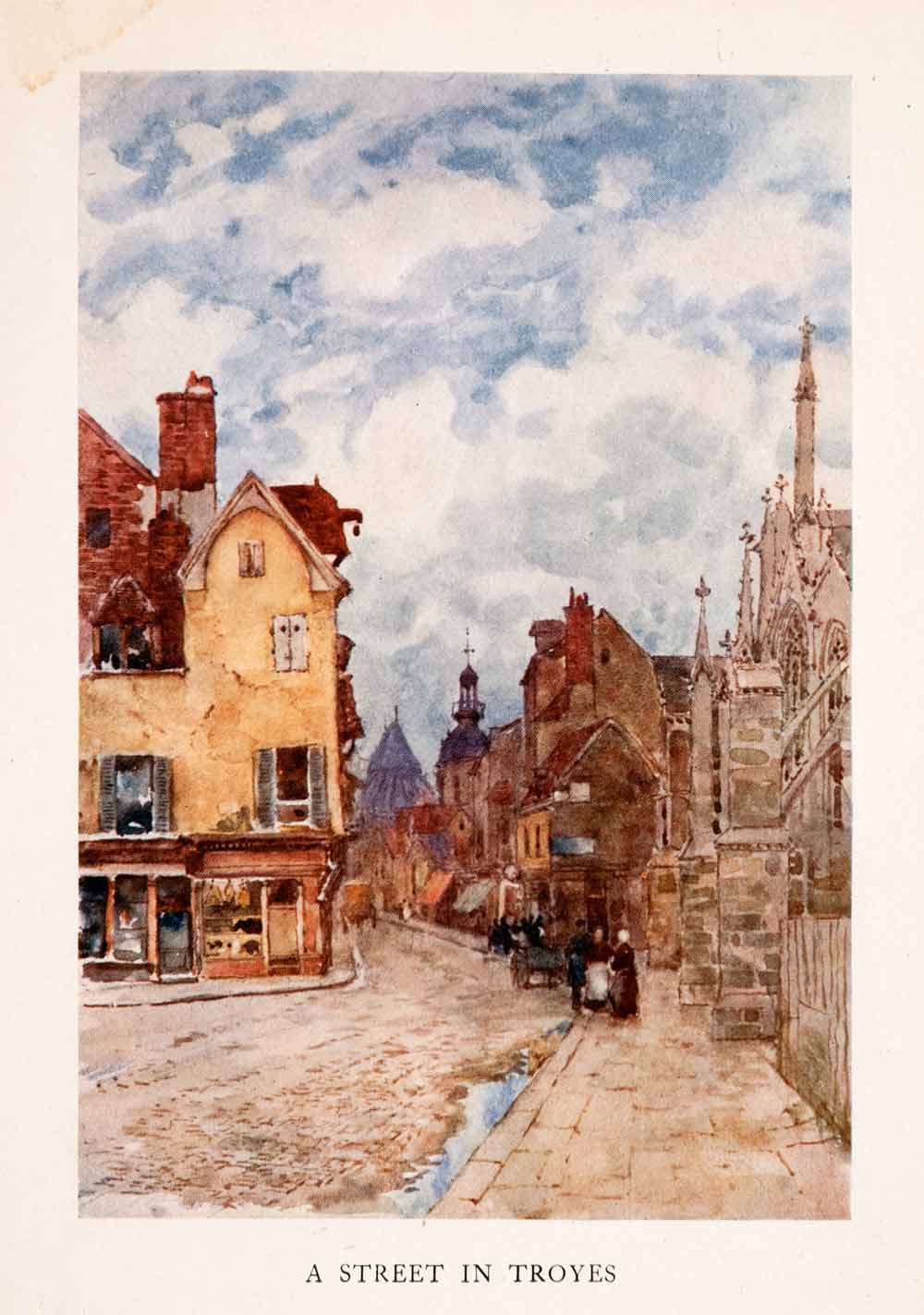 1907 Color Print Herbert Marshall Troyes Street Scene Traditional France XGLA2