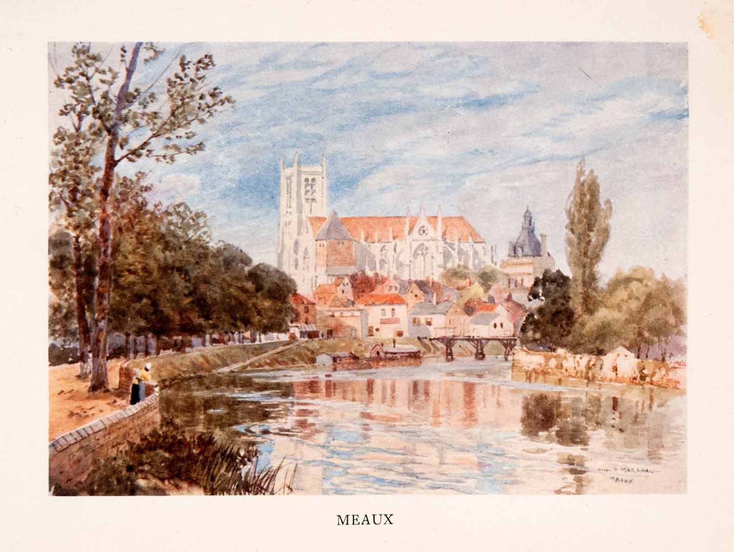 1907 Color Print Meaux Cathedral France Marne Herbert Marshall Landscape XGLA2