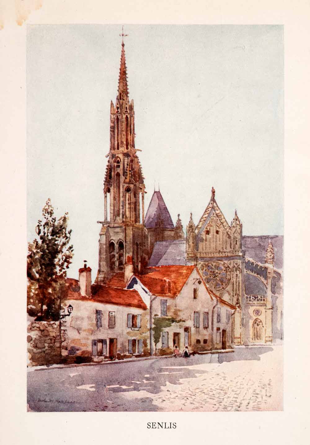 1907 Color Print Herbert Marshall Senlis Cathedral Notre Dame France Spire XGLA2