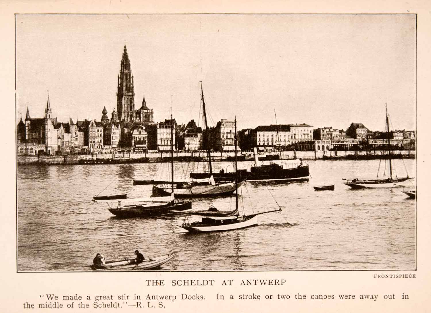1908 Halftone Print Scheldt River Antwerp Belgium Boat Sail Tower XGLA3